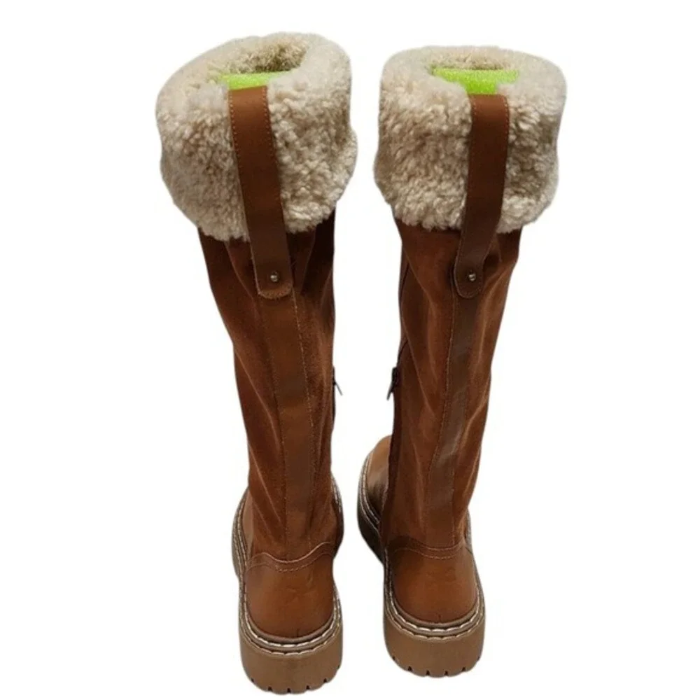Splendid Antonia ‎ Cognac Brown Tall Knee High Boots Faux Fur Cuff Lug Sole 7.5